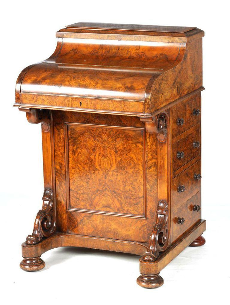 19th Century Burr Walnut Piano-Top Davenport Desk with Pierced Gallery