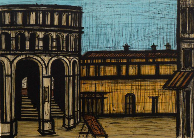 Lithography by Bernard Buffet, "La Place des Arènes"