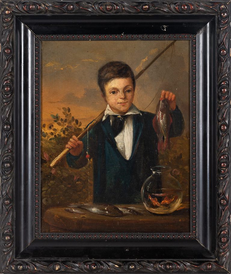 19th-century oil painting, "Young Fisherman"