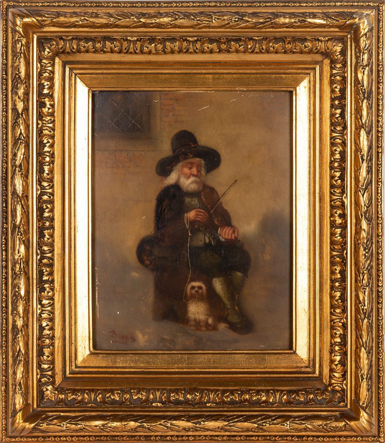 19th-century oil painting "Violinist and His Dog"