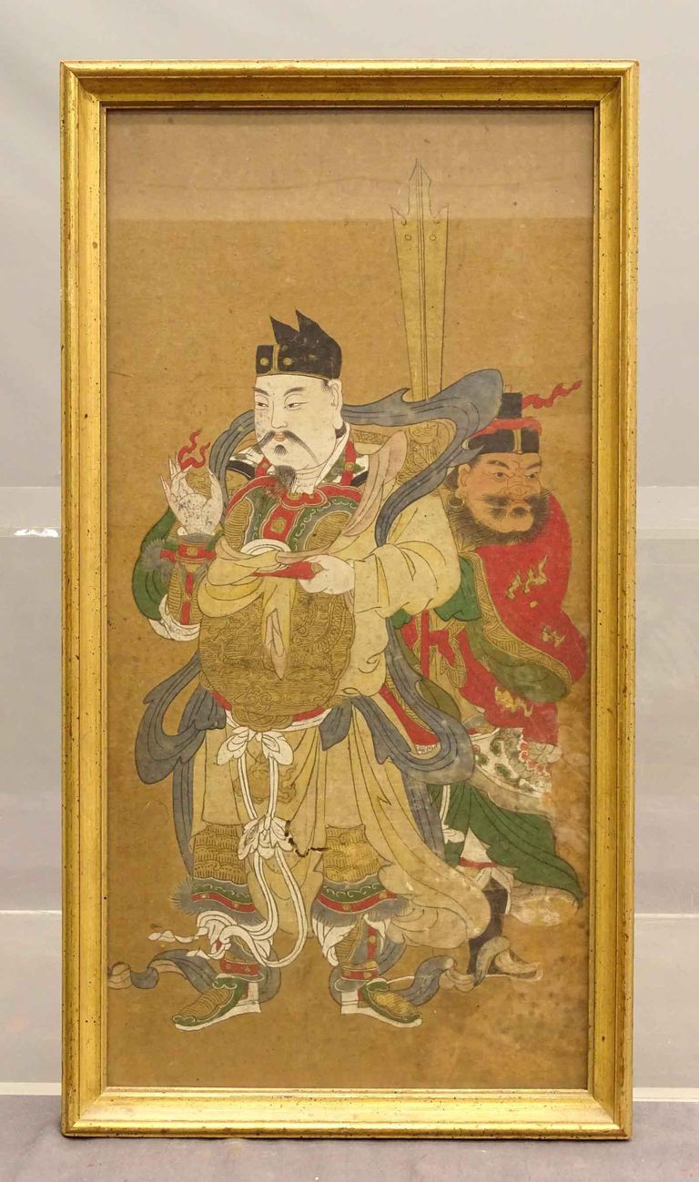 Framed Vintage Daoist Chinese Print Of Emperor and Warrior