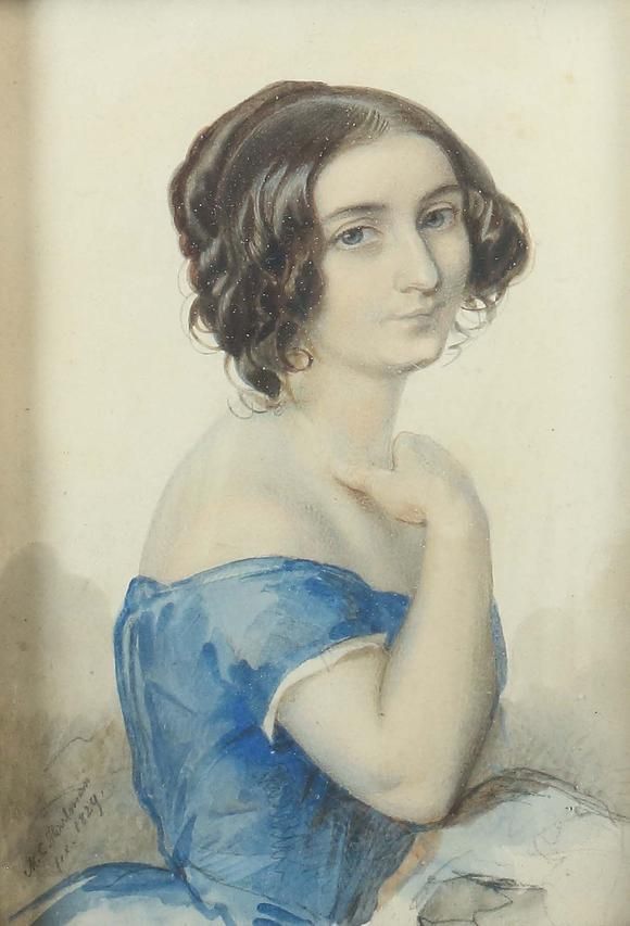 19th-century, A young woman in a blue dress - Mixed Media on Paper