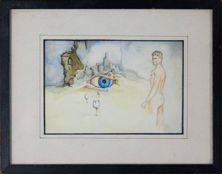 Signed Surrealist Watercolour Painting by Pierson Titled 'The Gaze' 1965