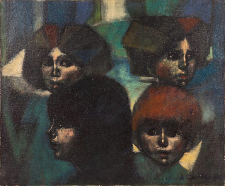 Angel Cestac, Composition with Portraits - Late 20th Century Oil on Canvas