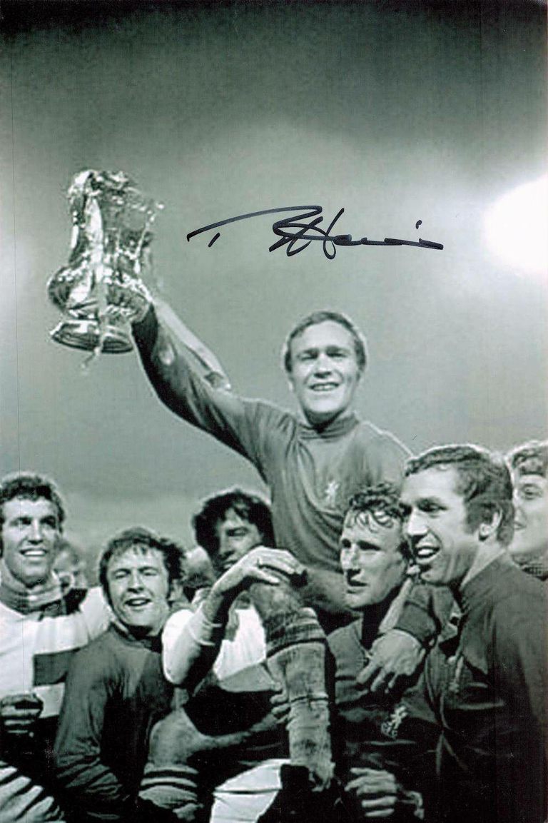 Ron Harris Signed 12x8 Chelsea Vintage Black and White Photo – FA Cup Celebration