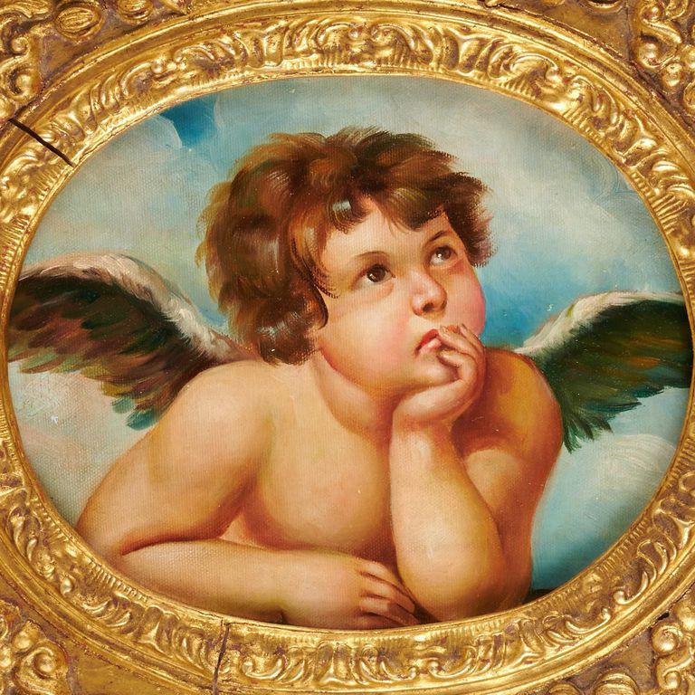 Vintage Oil Painting After Raphael - "Pensive Cherub"