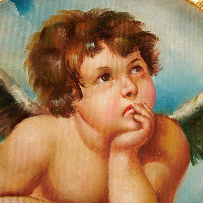 Vintage Oil Painting After Raphael - "Pensive Cherub"