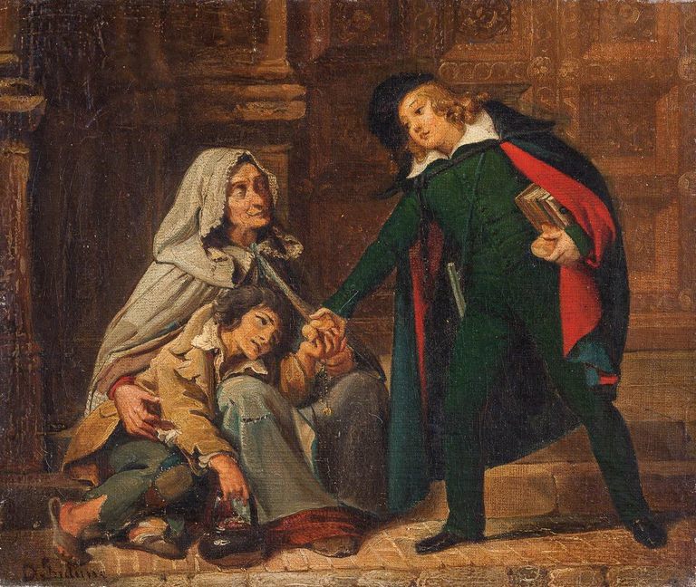 19th Century Oil Painting in the manner of Domenico Induno, 'Scholar giving alms to a beggar woman and her son'