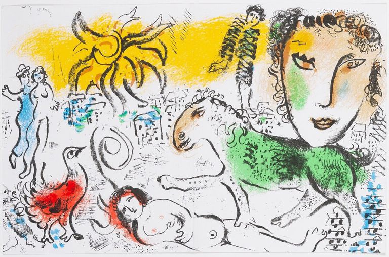 Marc Chagall , ''Scene with a green horse, in the background a city''