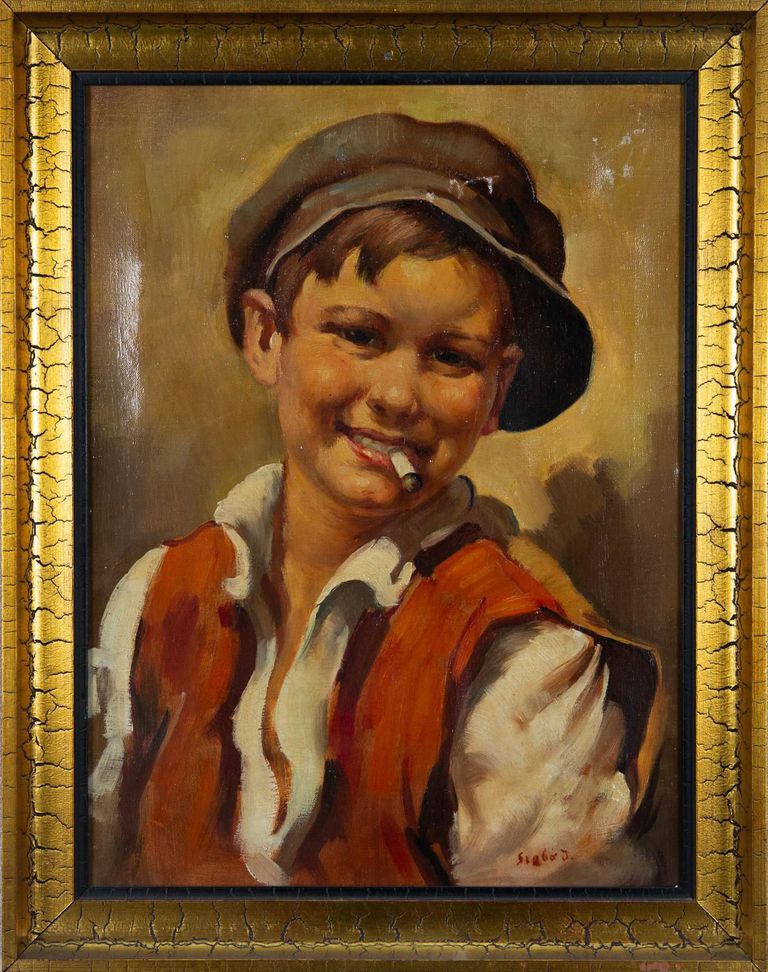 Brabot J. Original antique painting  'Boy with a cigarette'