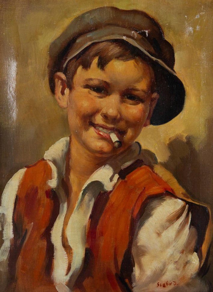 Brabot J. Original antique painting  'Boy with a cigarette'