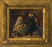 19th Century Oil Painting in the manner of Domenico Induno, 'Scholar giving alms to a beggar woman and her son'