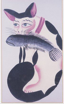 A cat with a fish in its mouth  from the Rudyard Kipling collection, Calcutta, c.1890 - Indian School, (19th century)